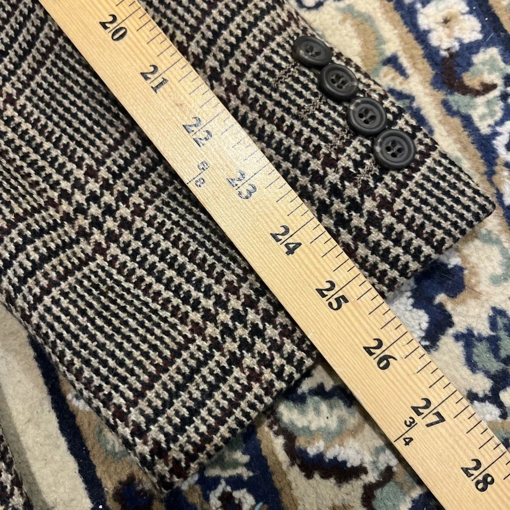 Alan‎ Flusser Glen Check Tweed Blazer Mens 44L Brown Tan Wool  Sport Coat 90s